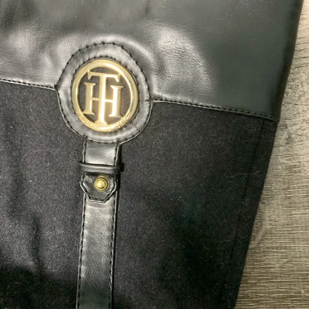 Tommy Hilfiger Riding Style Boots Black Faux Leather and Wool.  Sz 7.   EUC!